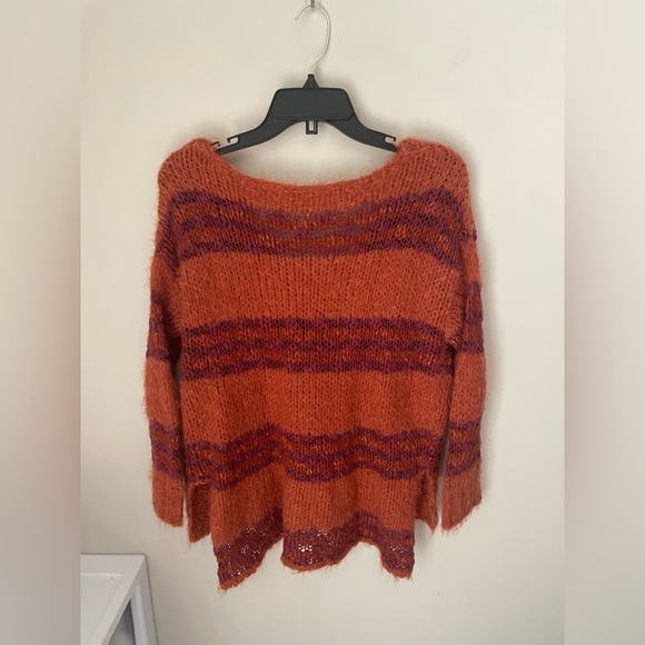 Free People Linus Fuzzy Orange Striped Pullover V Neck Sweater Size XS - Picture 9 of 9